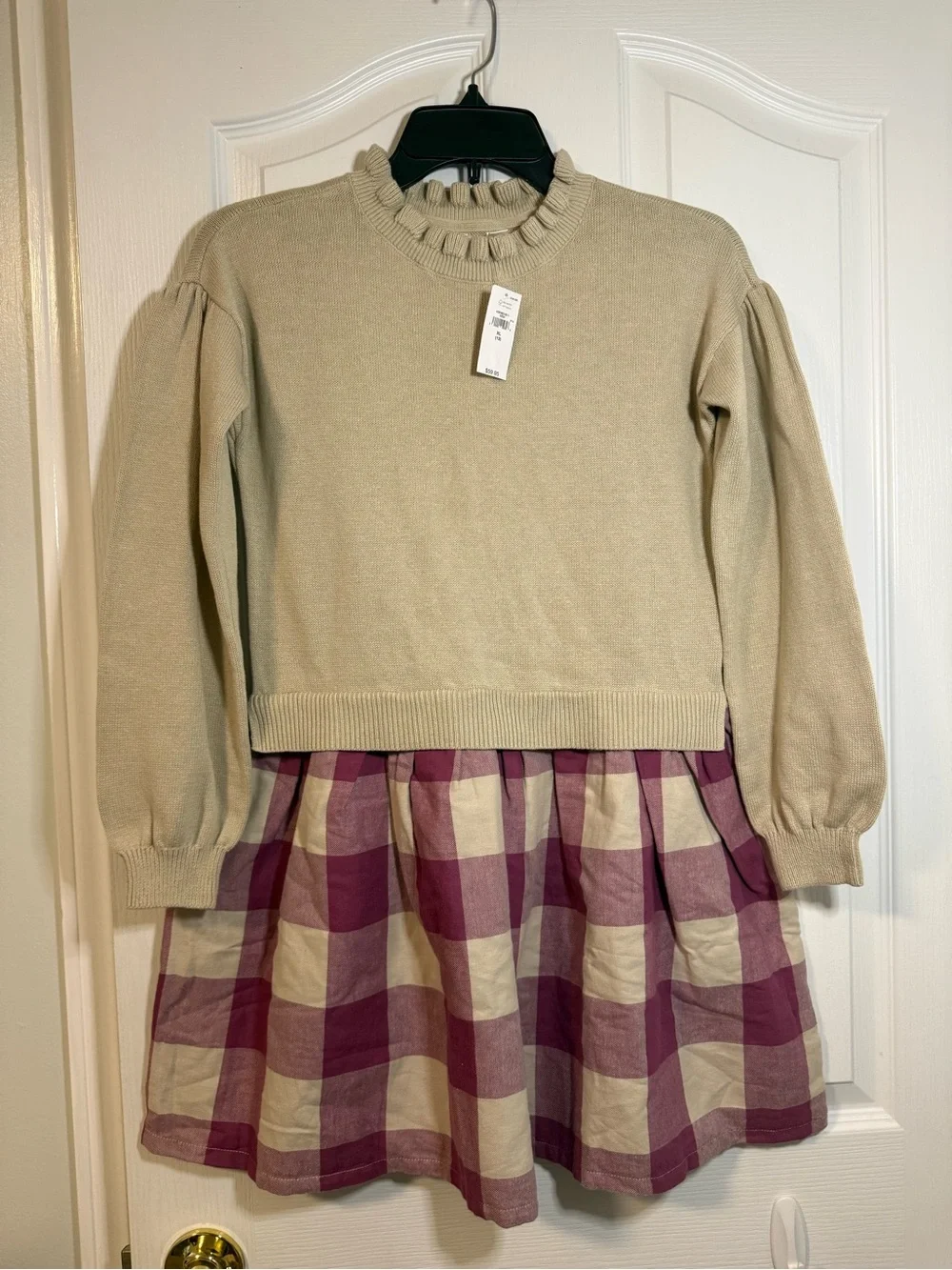 GAP Girls Beige Knit Top with Pink Plaid Skirt Dress